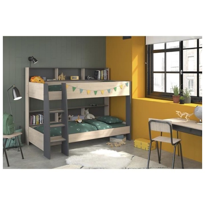 PARISOT Lits superposés enfant - Décor Chene Jackson et Gris Ombre -