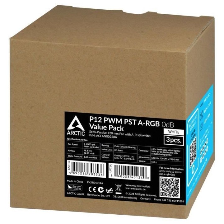 ARCTIC P12 PWM PST ARGB blanc (PACK 3) - Ventilateur 120mm pour boitie