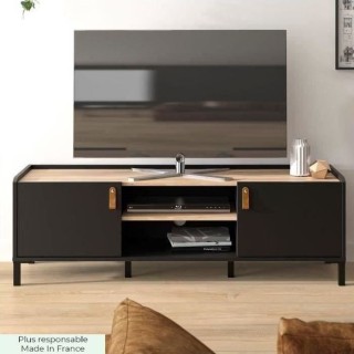 Meuble TV Gami - Style Industriel - Décor chene noir - L 136 x P 40 x