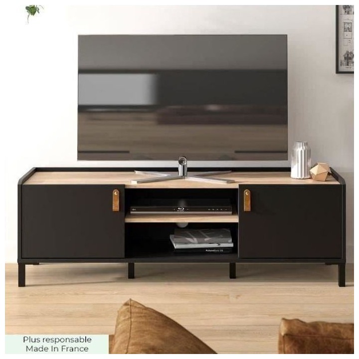 Meuble TV Gami - Style Industriel - Décor chene noir - L 136 x P 40 x
