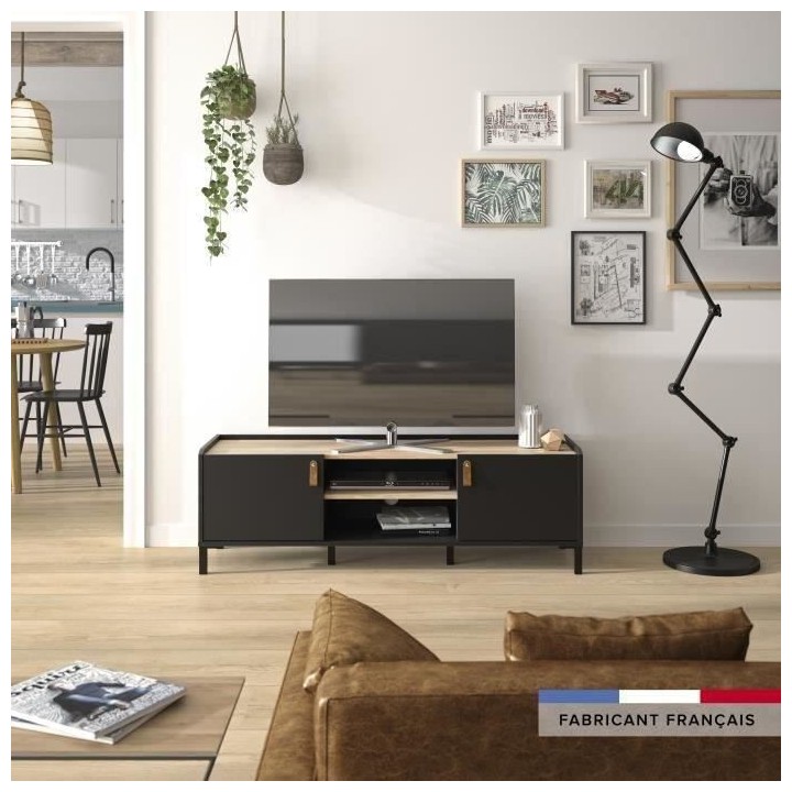 Meuble TV Gami - Style Industriel - Décor chene noir - L 136 x P 40 x