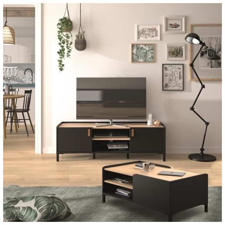 Meuble TV Gami - Style Industriel - Décor chene noir - L 136 x P 40 x