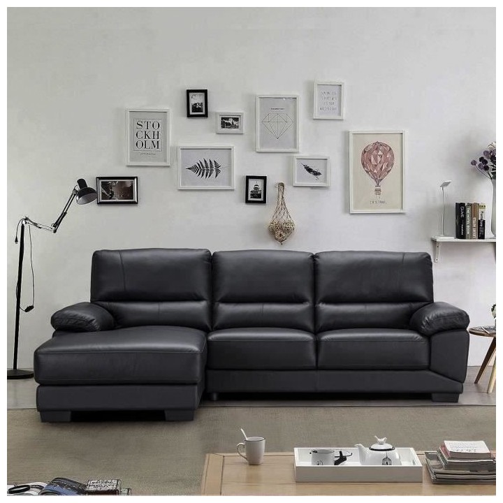 Canapé d'angle gauche - 3 places - Cuir et simili noir - Contemporain