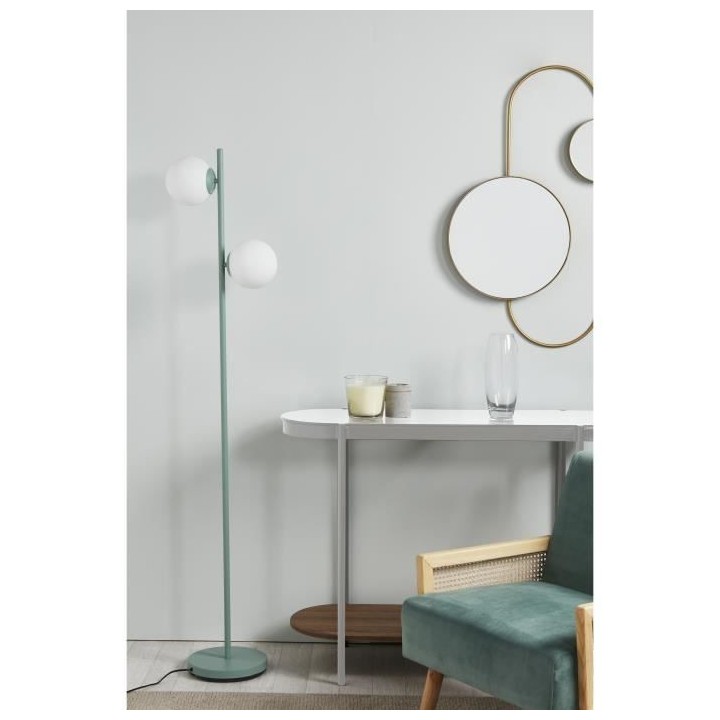 RETRO Lampadaire - Abat-jour 2 boules en verre - H 160 cm - Bleu Céla