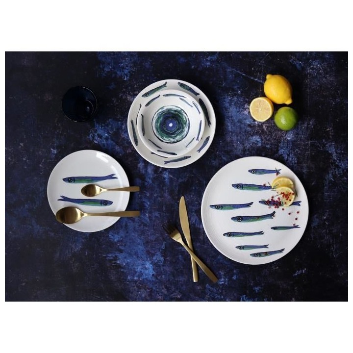 NOVASTYL - Ocean - Lot de 6 Assiettes plates - Ø27 cm - Faience - Bla