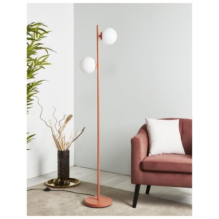 RETRO Lampadaire - Abat-jour 2 boules en verre - H 160 cm - Terracotta