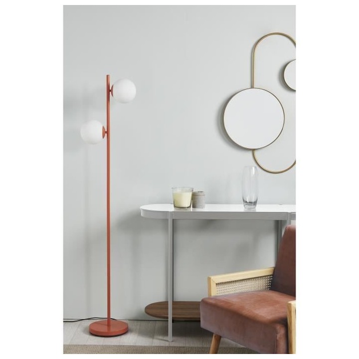 RETRO Lampadaire - Abat-jour 2 boules en verre - H 160 cm - Terracotta