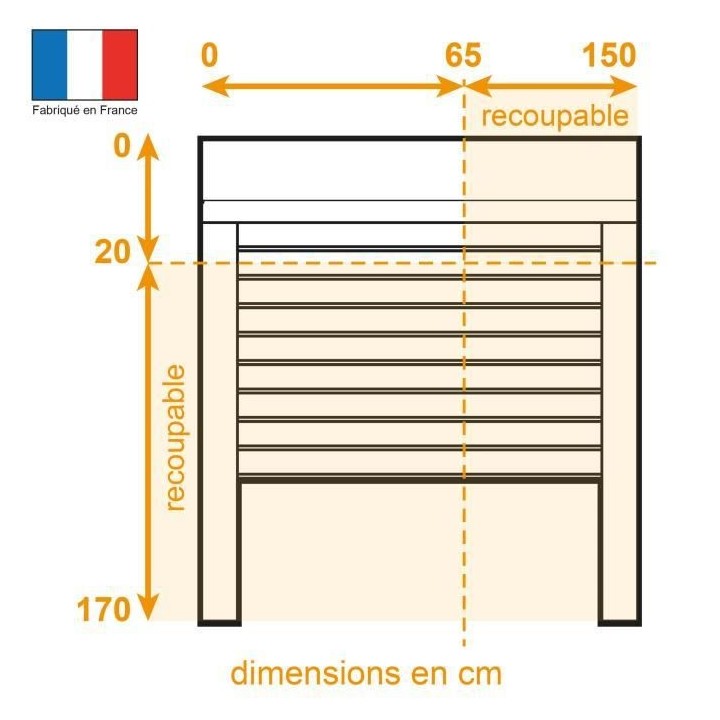 Volet roulant H170 cm x L150 cm en aluminium recoupable en largeur et