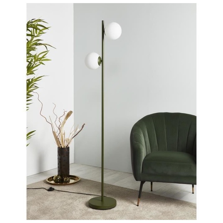 RETRO Lampadaire - Abat-jour 2 boules en verre - H 160 cm - Vert kaki