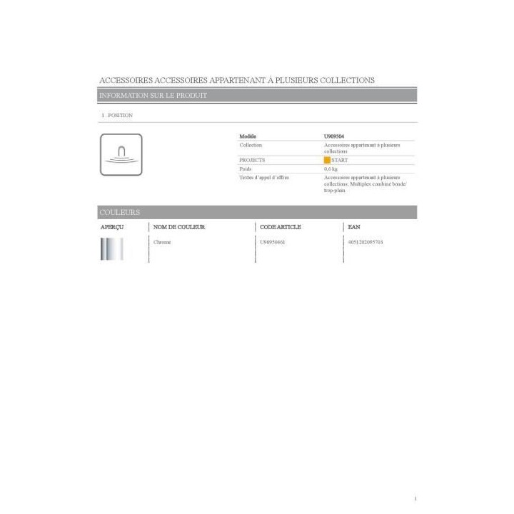 VILLEROY & BOCH - Multiplex combiné bonde/trop-plein chromé