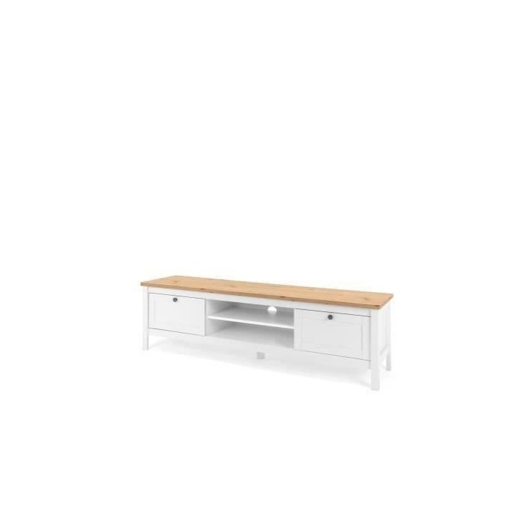 Meuble TV 2 tiroirs - Décor chene artisan et blanc - L 160 x P 45 x H