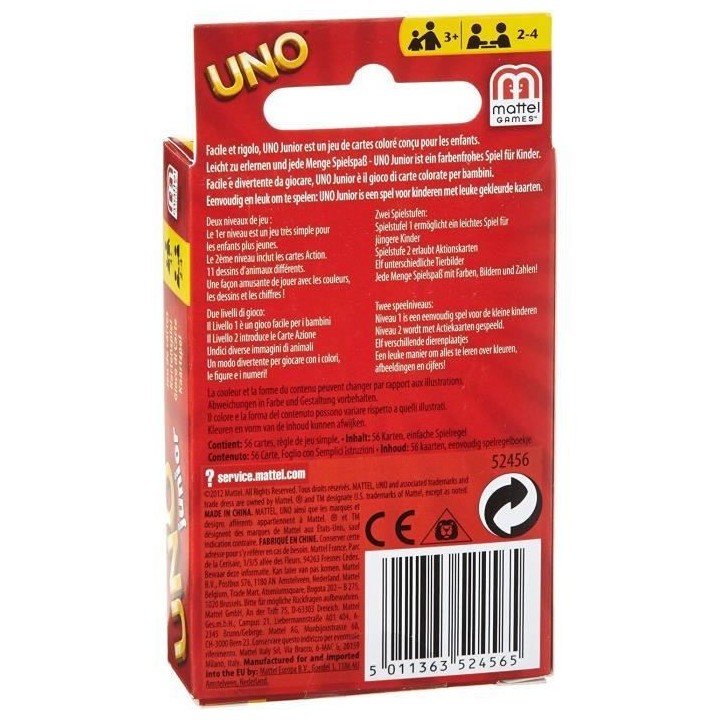 UNO JUNIOR Jeu de cartes - 2 a 4 joueurs - 3 ans et +
