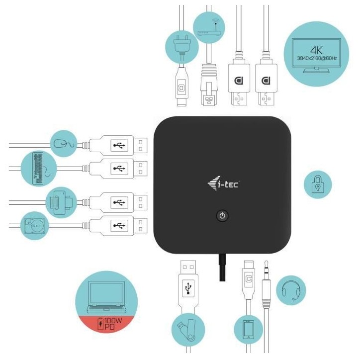 i-tec - USB-C Station d'accueil 2x4K avec Adaptateur Secteur PD 100W