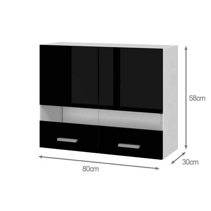 EXTRA - Meuble haut de cuisine L 80cm 2 Portes vitrées - Noir Laqué