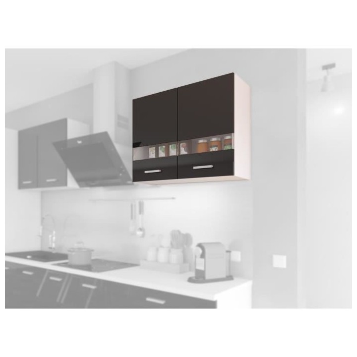 EXTRA - Meuble haut de cuisine L 80cm 2 Portes vitrées - Noir Laqué