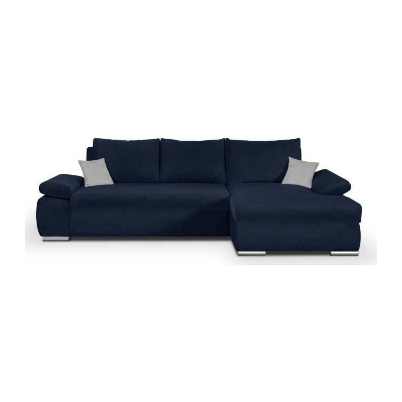 Canapé d' angle gauche 4 places convertible + coffre - Tissu bleu marine et coussins gris clair - L 285 x P 171 x H 80 cm - CAS