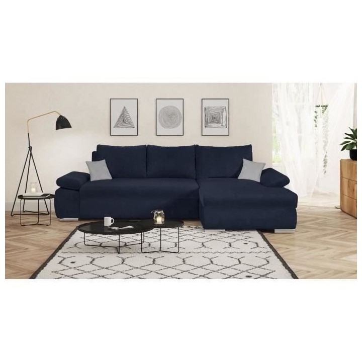 Canapé d' angle gauche 4 places convertible + coffre - Tissu bleu mar