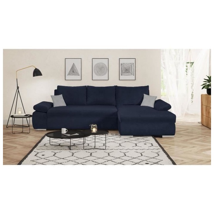 Canapé d' angle gauche 4 places convertible + coffre - Tissu bleu mar