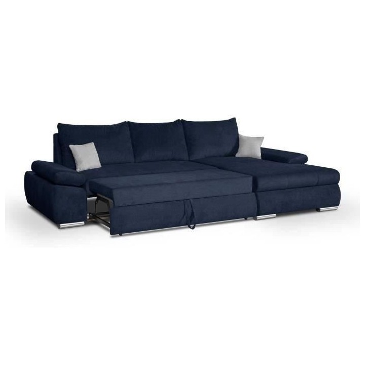 Canapé d' angle gauche 4 places convertible + coffre - Tissu bleu mar
