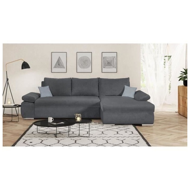 Canapé d'angle droit convertible 4 places - Tissu gris foncé et cous
