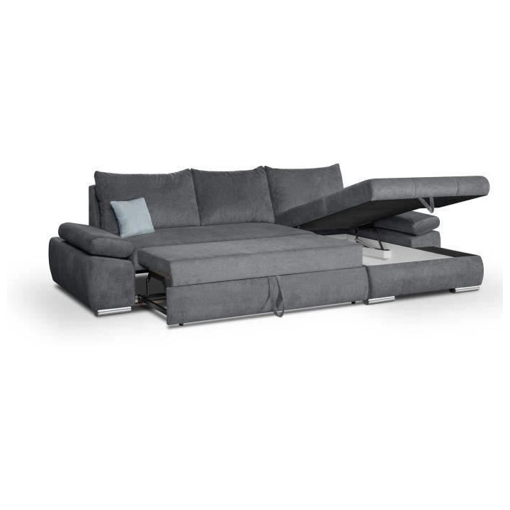 Canapé d'angle droit convertible 4 places - Tissu gris foncé et cous