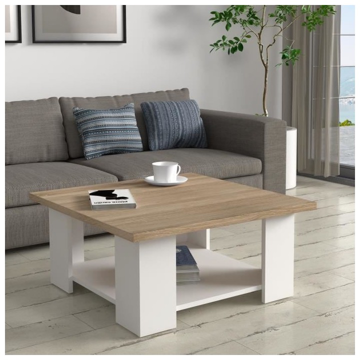 Table basse PILVI - Blanc et chene sonoma - Contemporain - L 67 x P 67