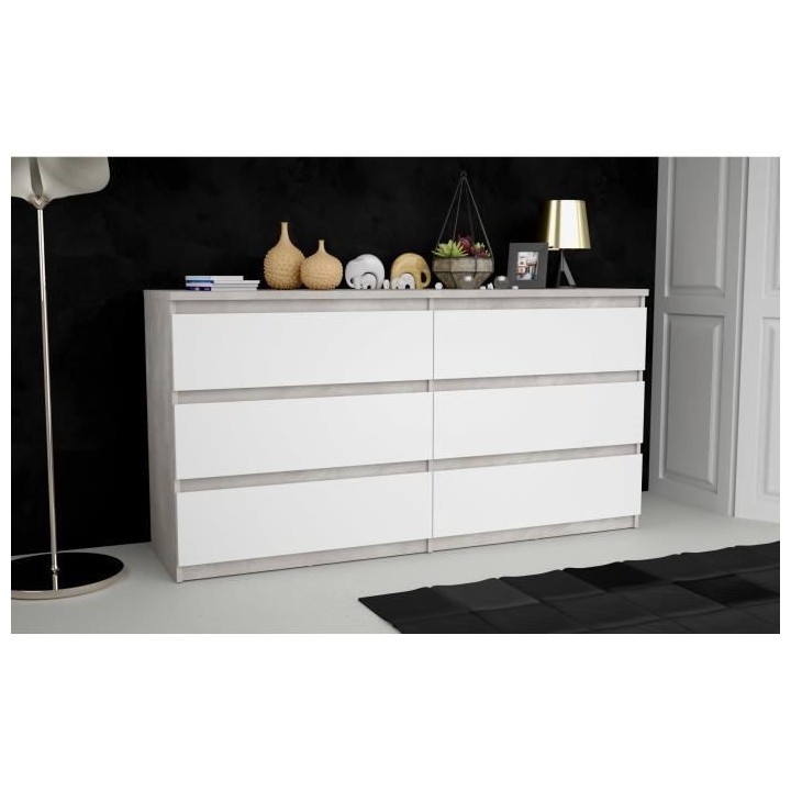 Commode CHELSEA 6 Tiroirs - Couleur blanc/béton clair - L 154 x P 42,