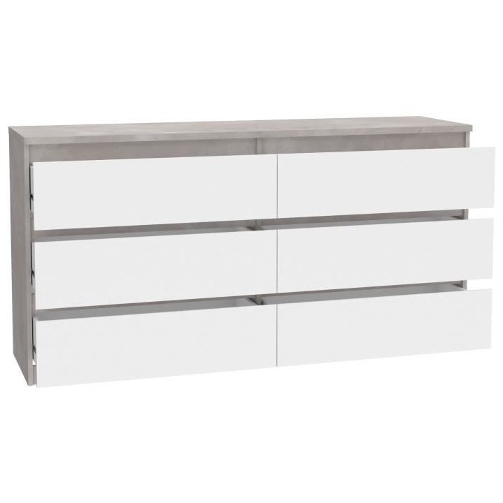 Commode CHELSEA 6 Tiroirs - Couleur blanc/béton clair - L 154 x P 42,