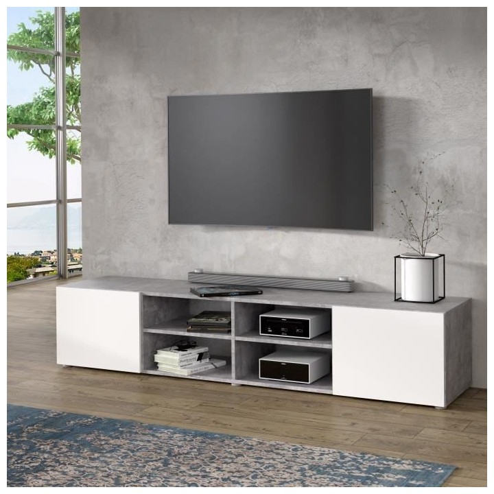 Meuble TV PILVI - Blanc et béton clair - L 180 x P 42 x H 37 cm