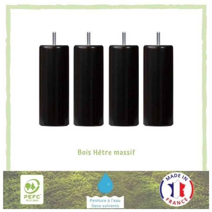 Ensemble de 4 pieds de lit cylindrique - Vernis noir - D5,4 cm H 15 cm