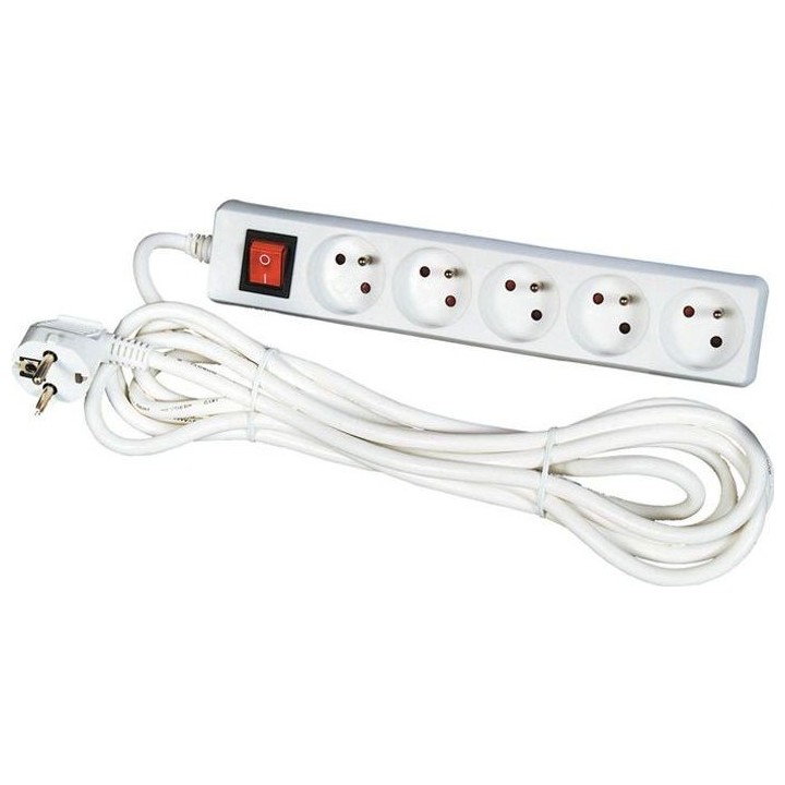 Bloc multiprise blanc 5 prises 2 Pôles + terre - Avec interrupteur -