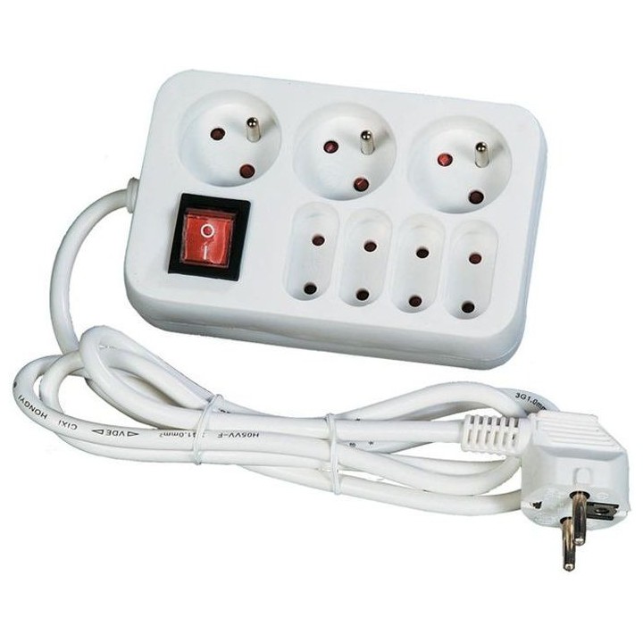 Bloc multiprise blanc 3 prises 16A 2 Pôles+terre + 4 prises 6A