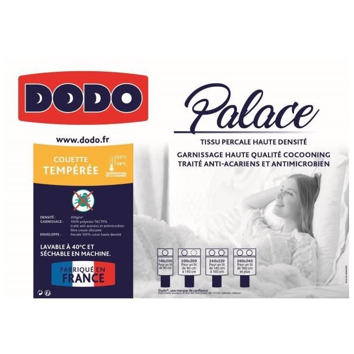 DODO Couette tempérée Percale Anti-Acariens PALACE - 220 x 240 cm -