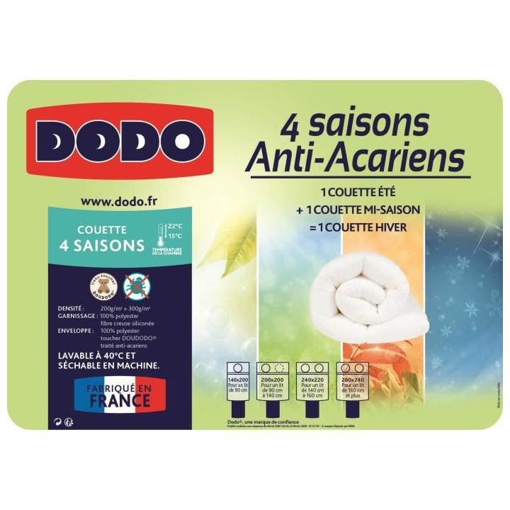 DODO Couette 4 saisons anti-acariens - 140 x 200 cm - Blanc