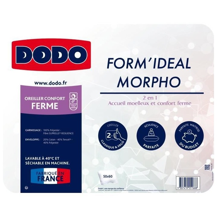 DODO - Oreiller Form'idéal Morpho - 50 x 60 cm - Garnissage 100% poly