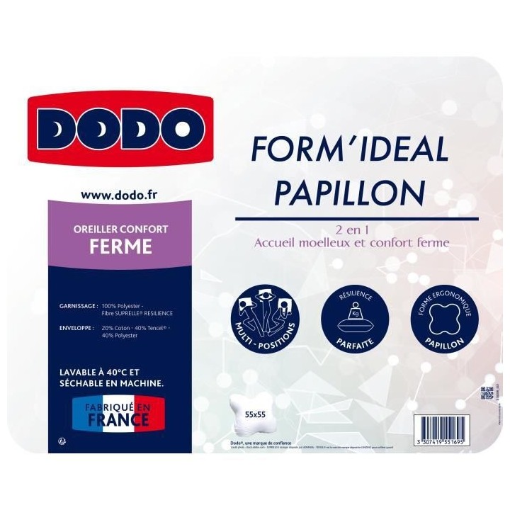 DODO - Oreiller Form'idéal Papillon - 55 x 55 cm - Garnissage 100% po