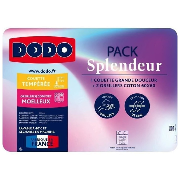 Pack couette 220 x 240 cm + 2 oreillers 60 x 60 cm - Splendeur - Garni
