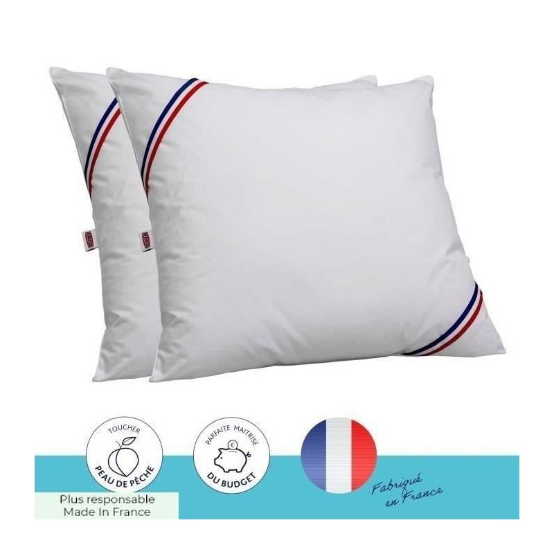 DODO Lot de 2 oreillers Tendance - 60 x 60 cm - Garnissage 100% Polyester fibre creuse siliconée - Blanc