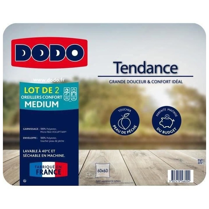 DODO Lot de 2 oreillers Tendance - 60 x 60 cm - Garnissage 100% Polyes