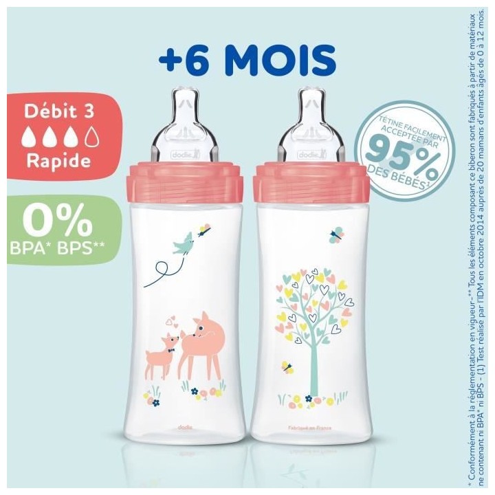 Dodie Lot de 3 Biberons Anti colique Sensation+, Fille, 330 ml, +6 Moi