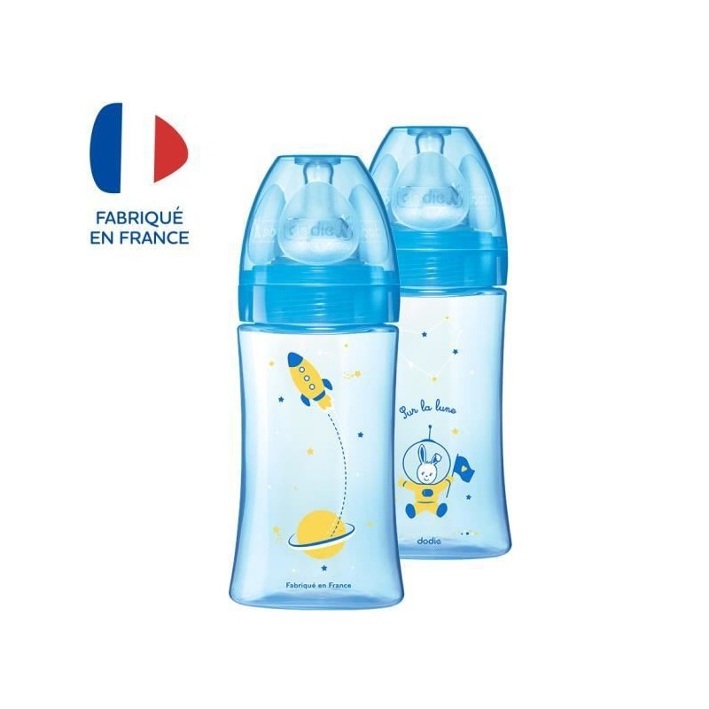 Dodie Biberon Initiation+ Anti-Coliques 3 Vitesses +0m Bleu Cosmonaute Lot de 2 x 270ml