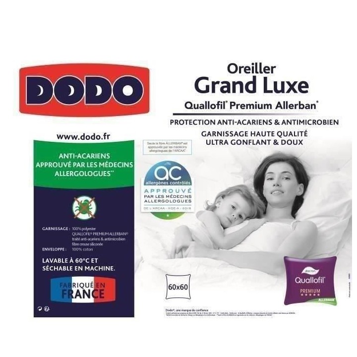 DODO Oreiller Grand luxe Quallofil Allerban - 60 x 60 cm - Blanc
