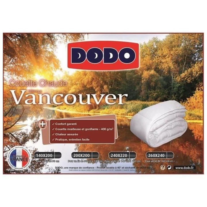 Couette chaude Vancouver - 220 x 240 cm - 400gr/m² - Blanc - DODO