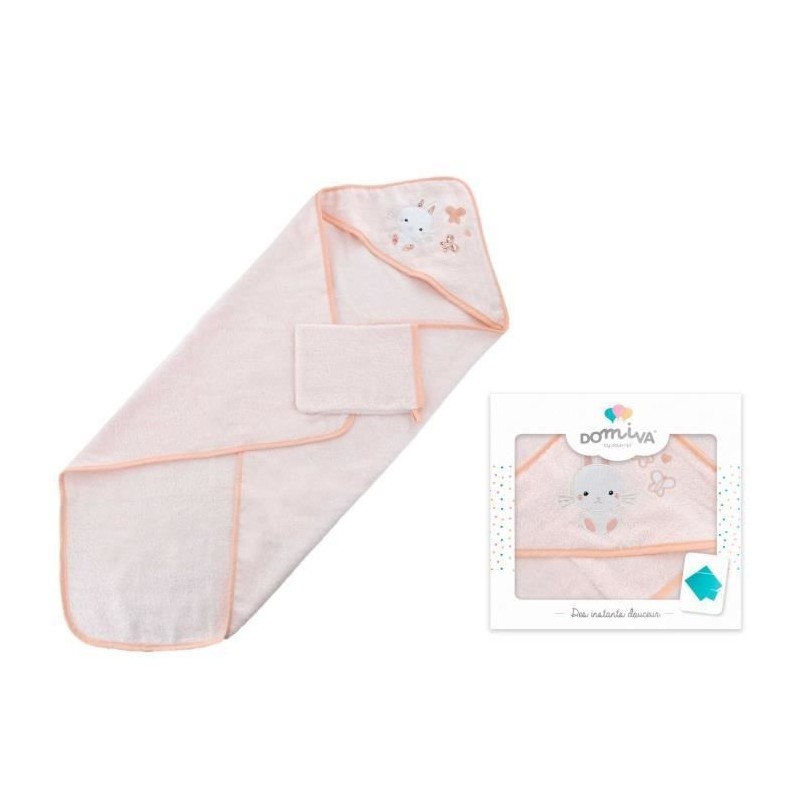 DOMIVA Coffret sortie de bain Lapinou - Eponge 100% Coton - Avec gant - Rose - 75 x 75 cm