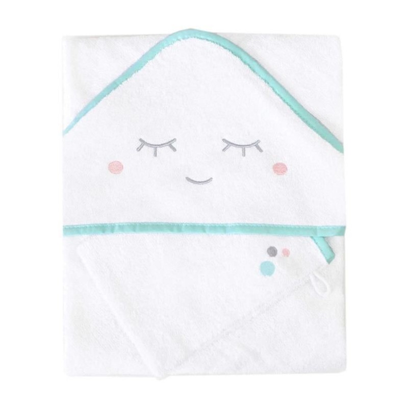 DOMIVA Coffret sortie de bain Aqua sourire - Eponge 100% Coton - Avec gant - Blanc/Aqua - 75 x 75 cm