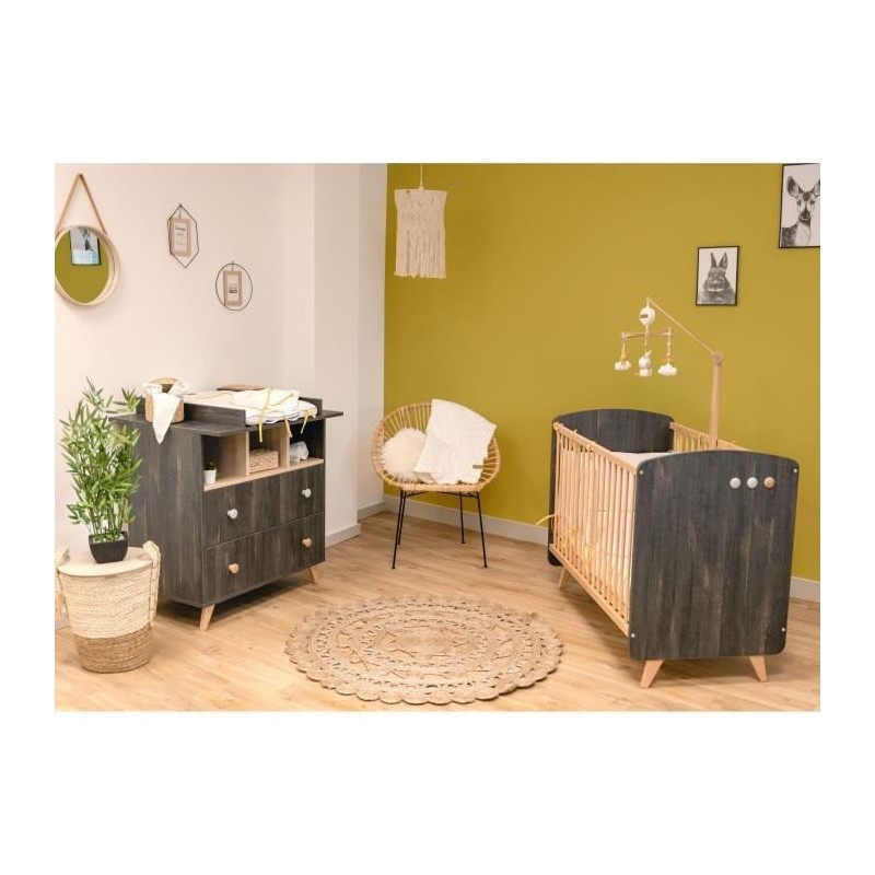 DOMIVA Chambre Duo Senja - Bois massif et panneau de particules - Lit a barreaux + Commode a langer - Anthracite - 60 x 120 cm