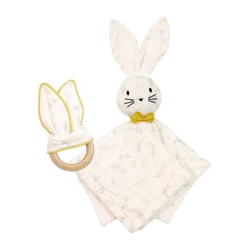 DOMIVA Doudou Leafy Bunny - Coton bio & Polyester recylclé - Anneau de dentition - Blanc/Jaune