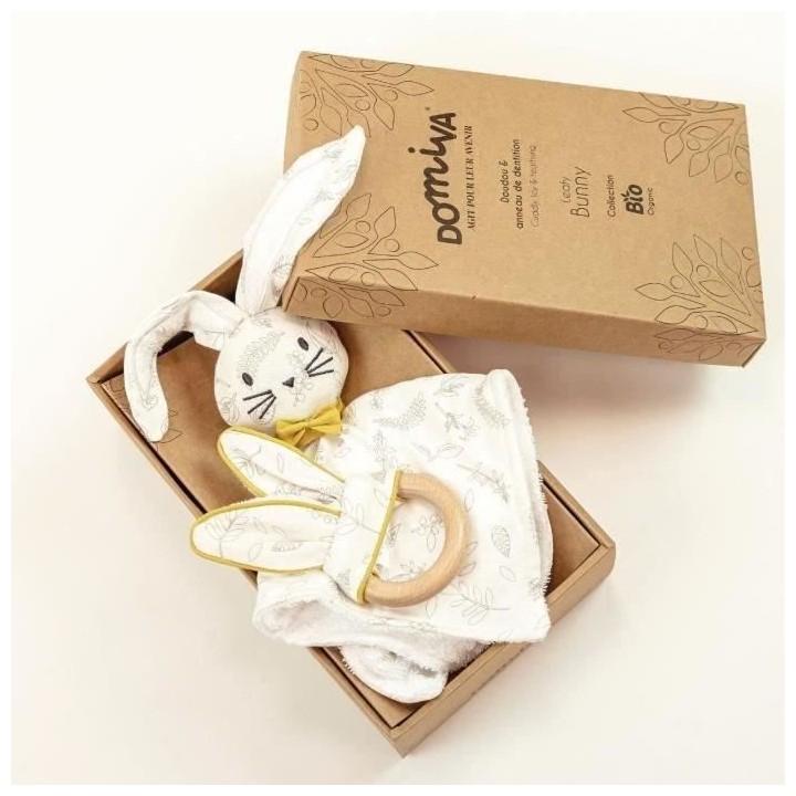 DOMIVA Doudou Leafy Bunny - Coton bio & Polyester recylclé - Anneau d