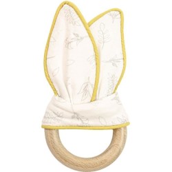 DOMIVA Doudou Leafy Bunny - Coton bio & Polyester recylclé - Anneau de dentition - Blanc/Jaune