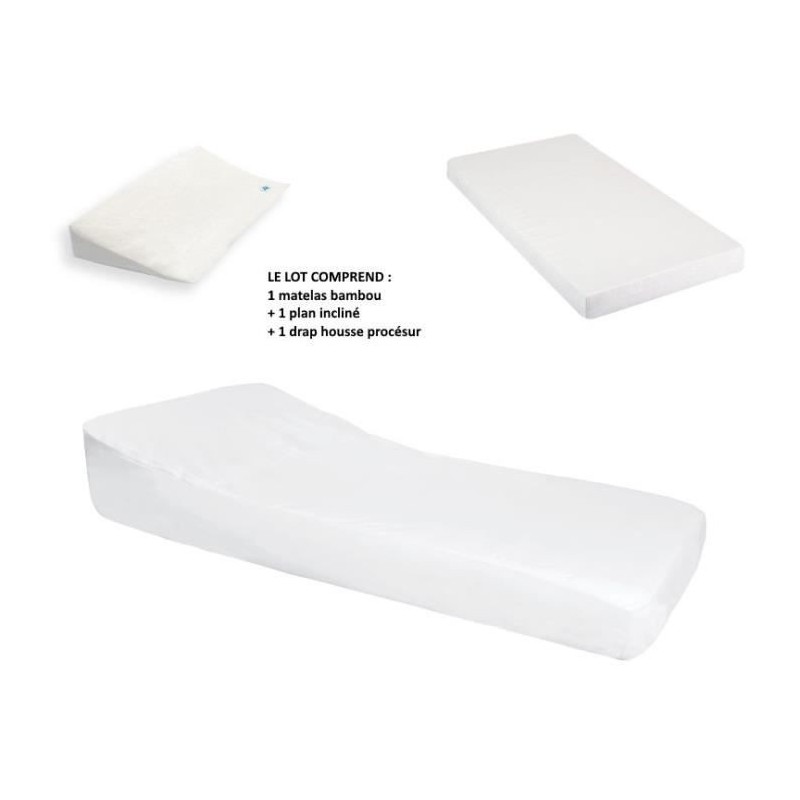 DOMIVA Lot de matelas bambou + Drap housse Pro sécur + Plan incline éponge - 70 x 140 cm - Blanc